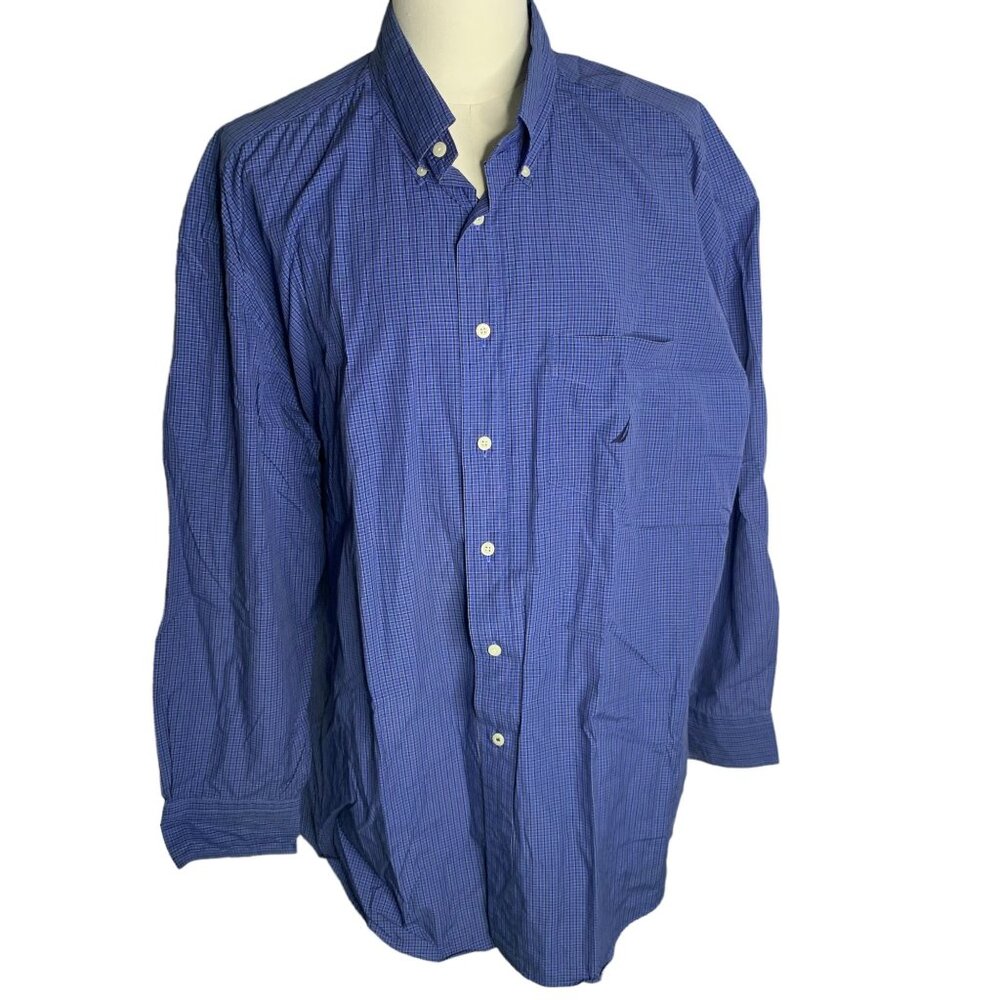Nautica Button Down Long Sleeve Shirt XXL Blue Checkered Pocket Two Ply Cotton